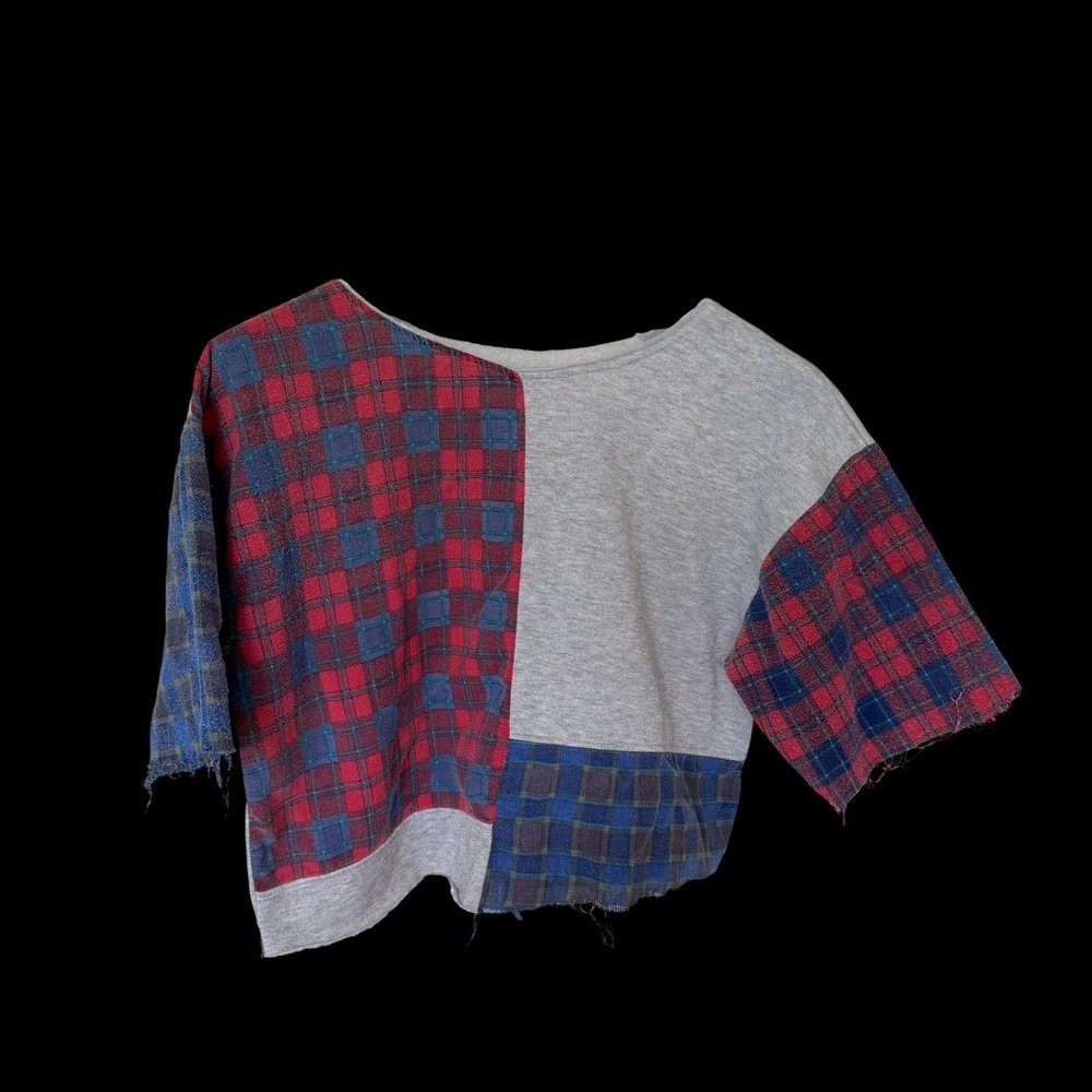 80's Patchwork‎ Crop Top Plaid Flannel Reconstructed Grey Raw Hem Grunge XL